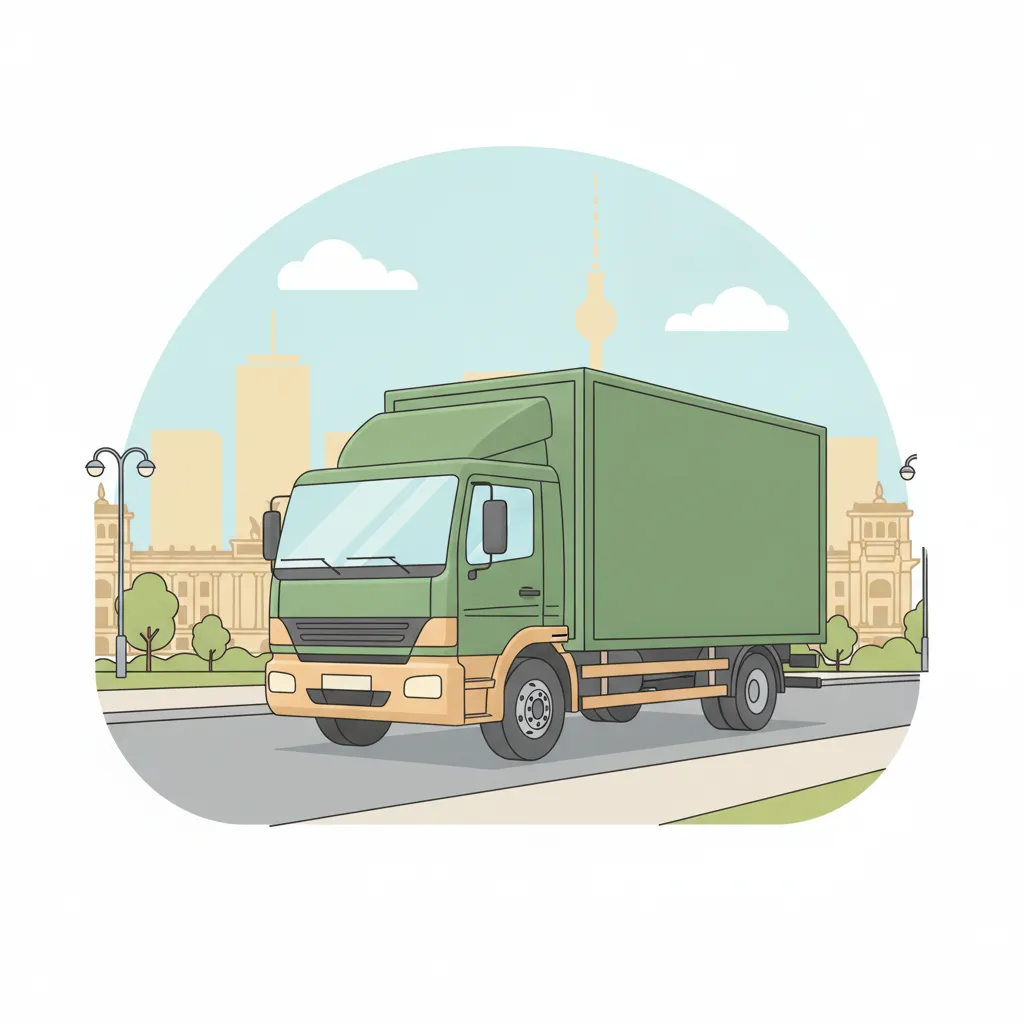 Comic-Illustration: geschlossener Umzugstransporter erreicht Berlin – Umzug von Dresden nach Berlin