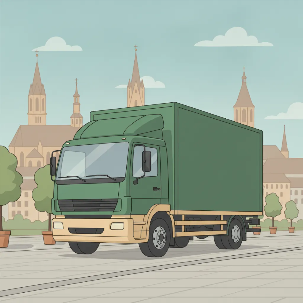 Comic-Illustration: geschlossener Umzugstransporter erreicht Braunschweig – Umzug von Dresden nach Braunschweig