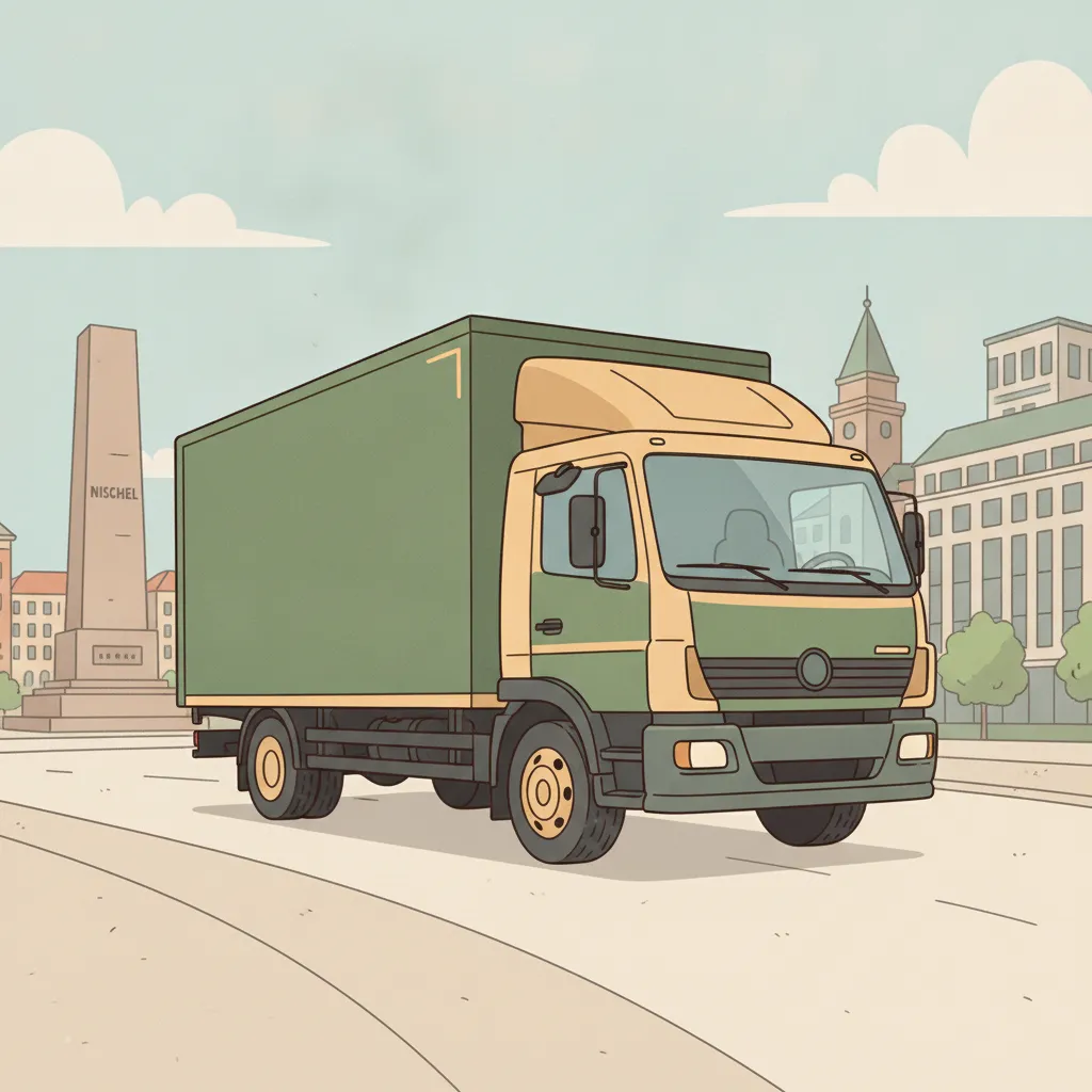 Comic-Illustration: geschlossener Umzugstransporter erreicht Chemnitz – Umzug von Dresden nach Chemnitz