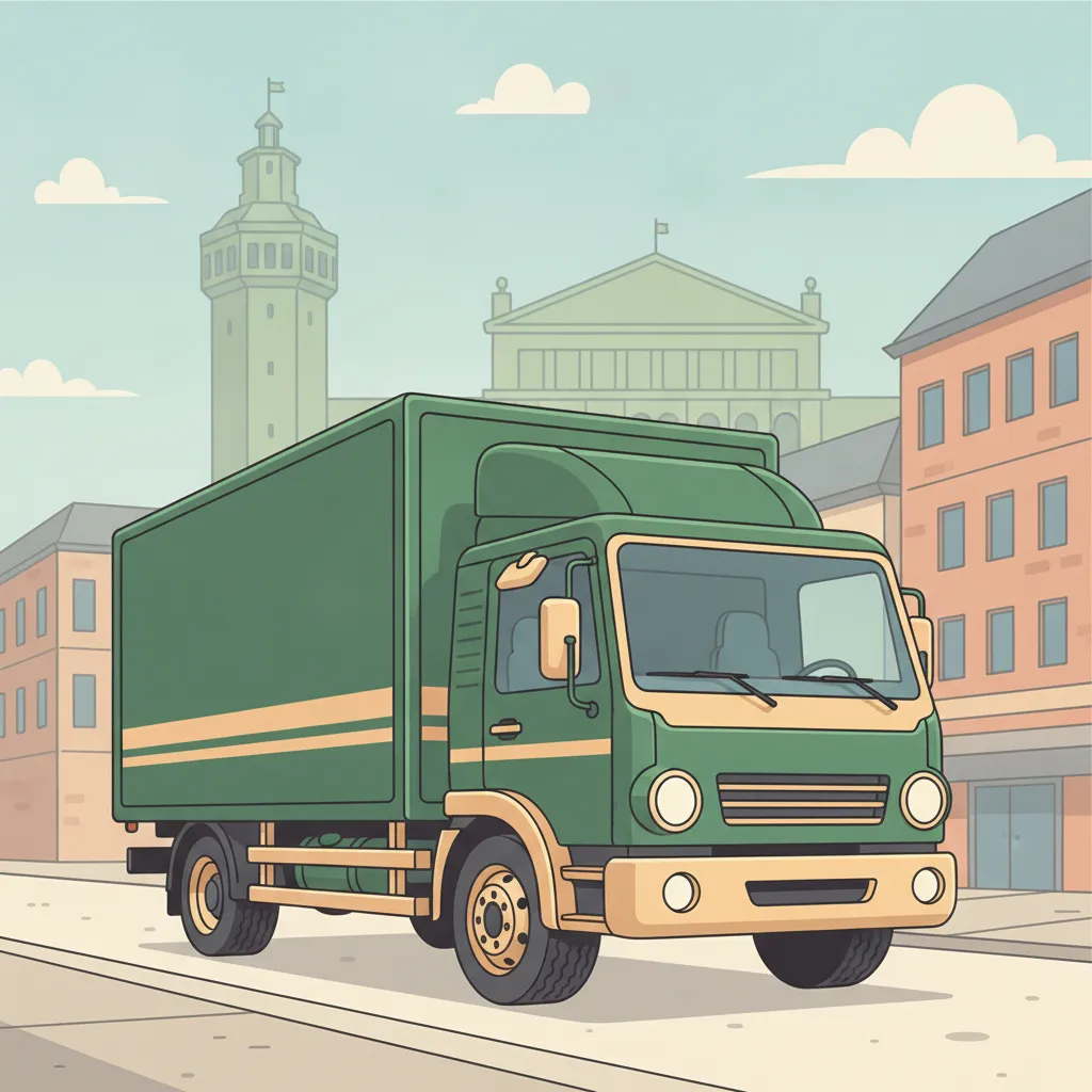 Comic-Illustration: geschlossener Umzugstransporter erreicht Cottbus – Umzug von Dresden nach Cottbus
