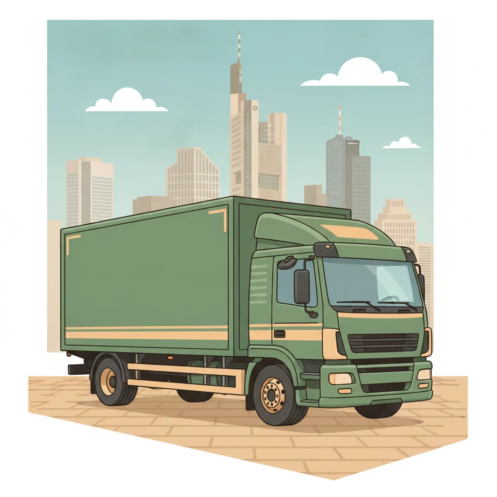 Comic-Illustration: geschlossener Umzugstransporter erreicht Frankfurt am Main – Umzug von Dresden nach Frankfurt am Main