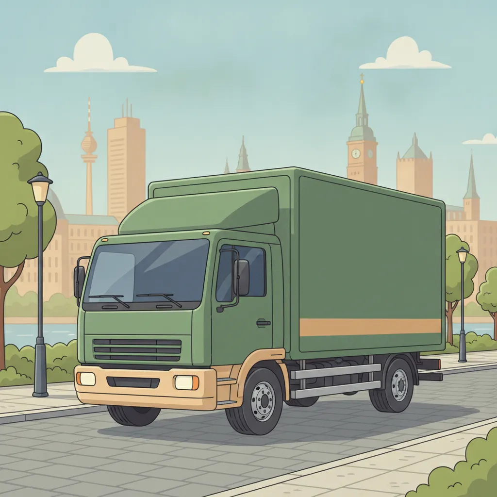 Comic-Illustration: geschlossener Umzugstransporter erreicht Hamburg – Umzug von Dresden nach Hamburg