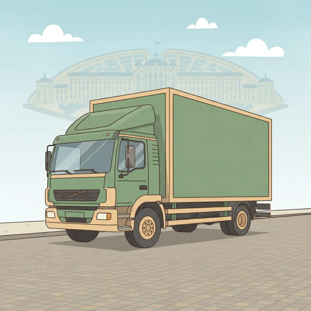 Comic-Illustration: geschlossener Umzugstransporter erreicht Karlsruhe – Umzug von Dresden nach Karlsruhe