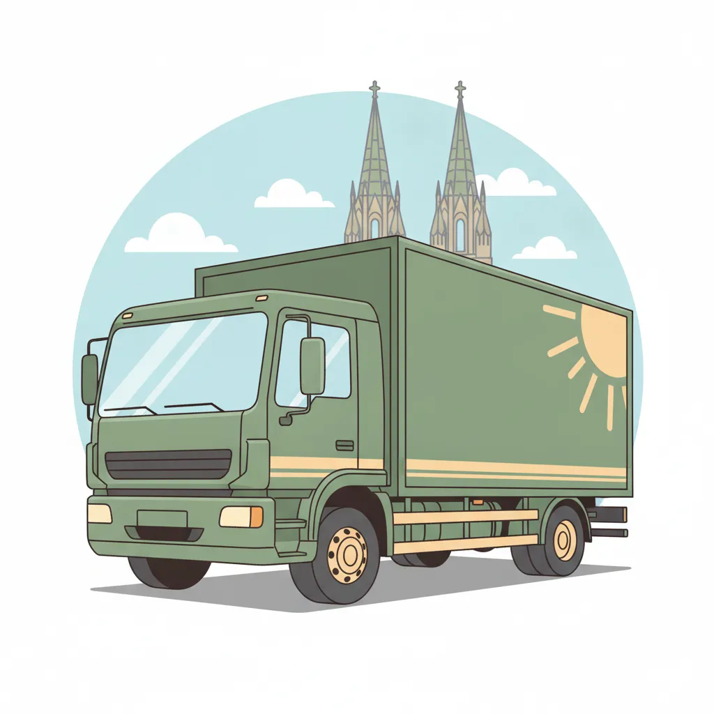 Comic-Illustration: geschlossener Umzugstransporter erreicht Köln – Umzug von Dresden nach Köln