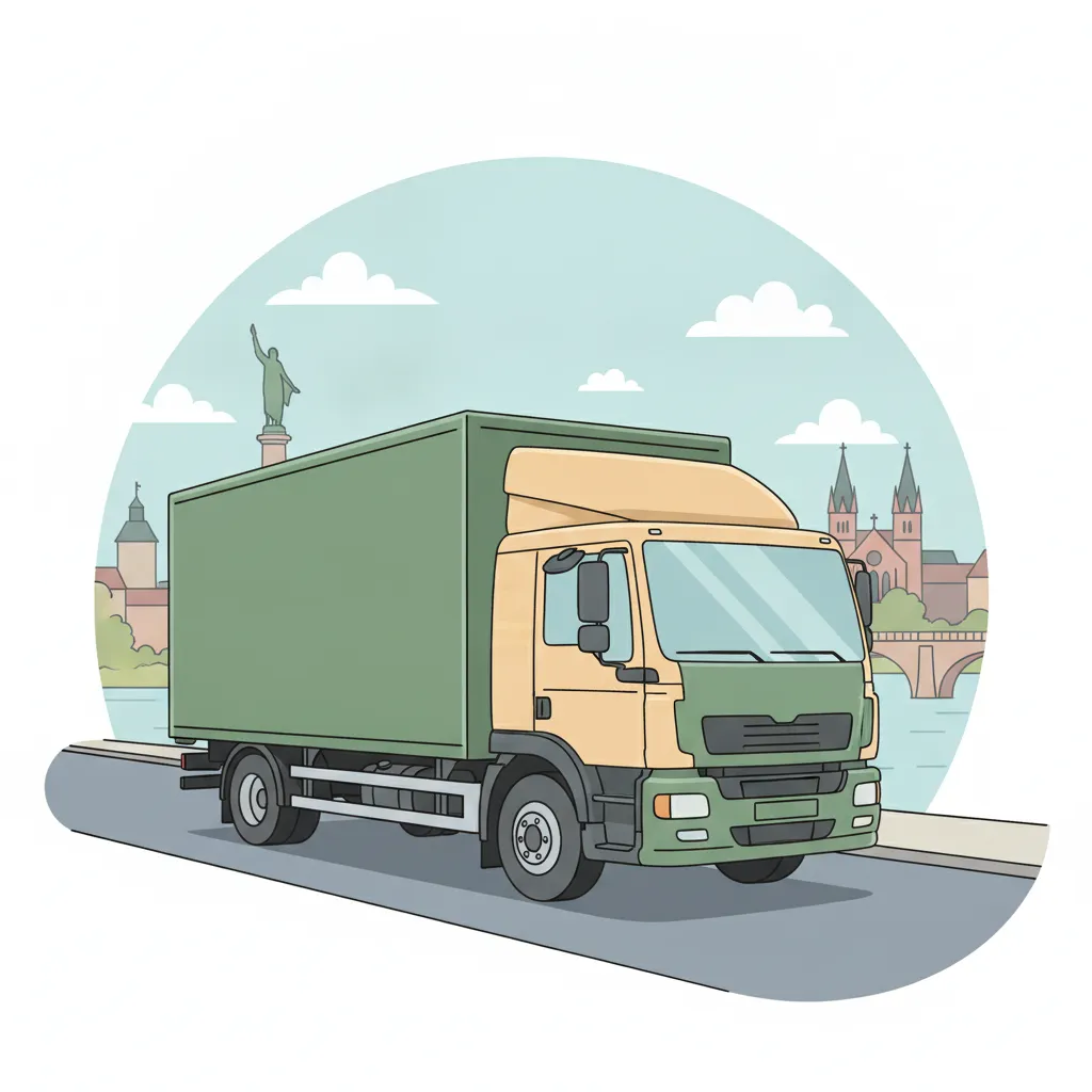 Comic-Illustration: geschlossener Umzugstransporter erreicht Konstanz – Umzug von Dresden nach Konstanz