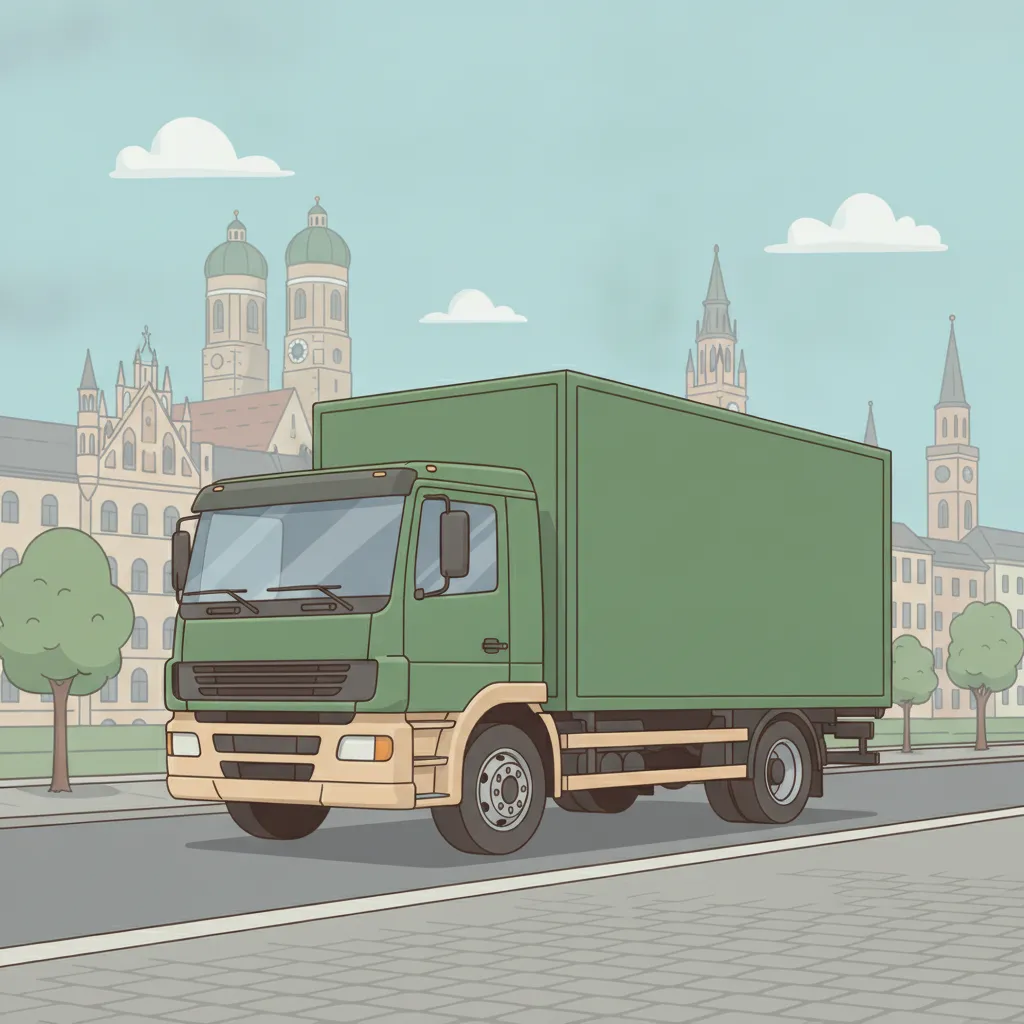Comic-Illustration: geschlossener Umzugstransporter erreicht München – Umzug von Dresden nach München