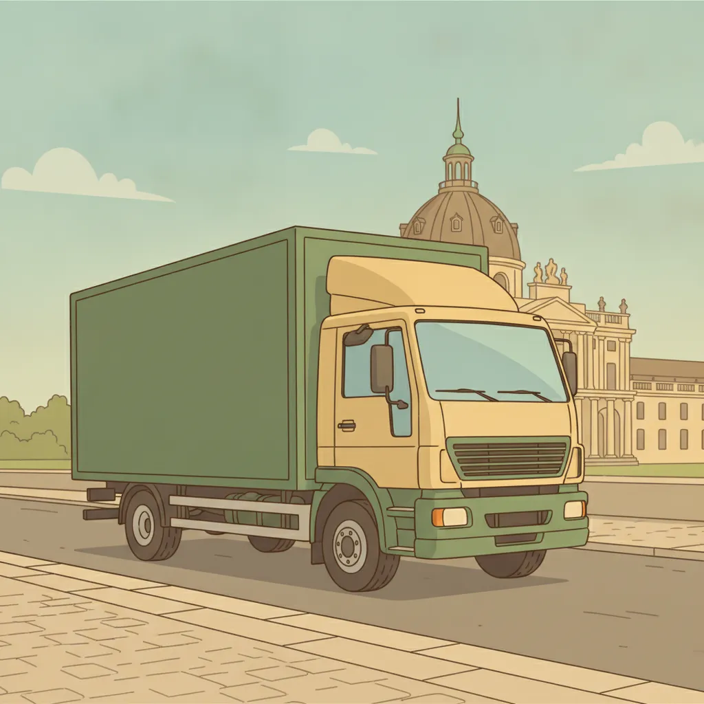 Comic-Illustration: geschlossener Umzugstransporter erreicht Potsdam – Umzug von Dresden nach Potsdam