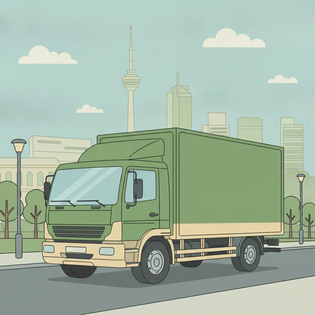Comic-Illustration: geschlossener Umzugstransporter erreicht Stuttgart – Umzug von Dresden nach Stuttgart