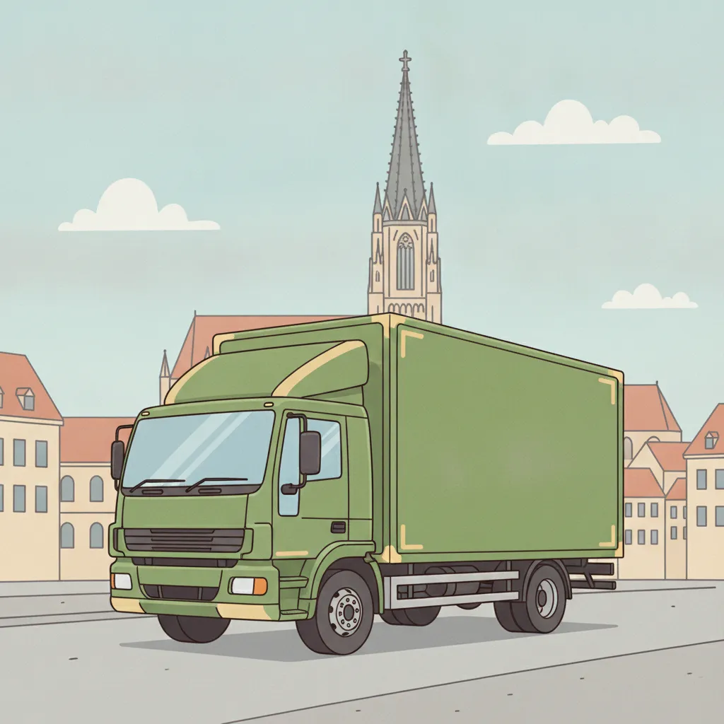 Comic-Illustration: geschlossener Umzugstransporter erreicht Ulm – Umzug von Dresden nach Ulm