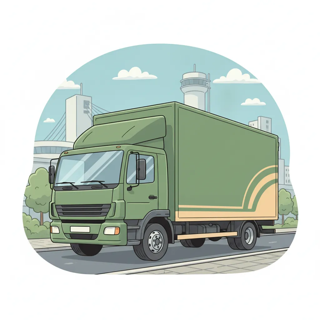 Comic-Illustration: geschlossener Umzugstransporter erreicht Wolfsburg – Umzug von Dresden nach Wolfsburg